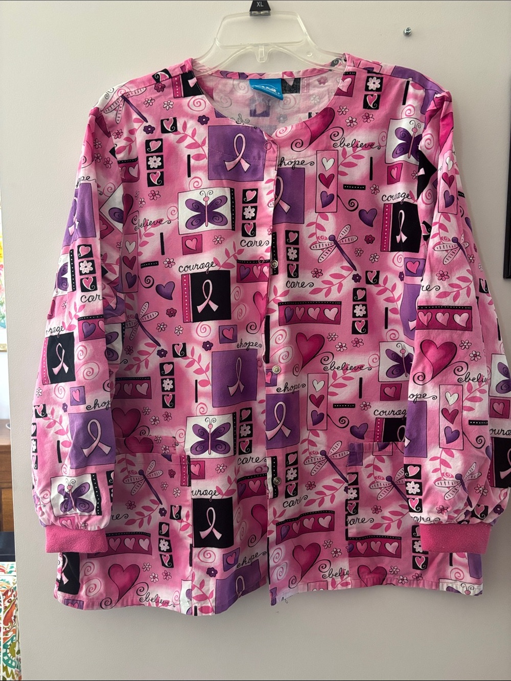 Smart Scrubs Pink Ribbon Print Pajama-Style Scrub Jacket